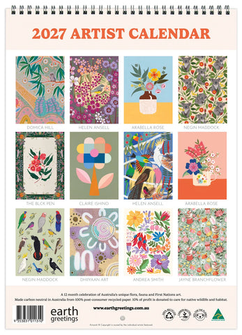 2027 Artist Calendar with colorful floral and nature-themed designs on a white background.