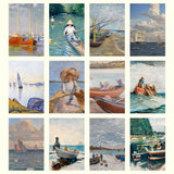 Collage of various paintings featuring boats and landscapes.