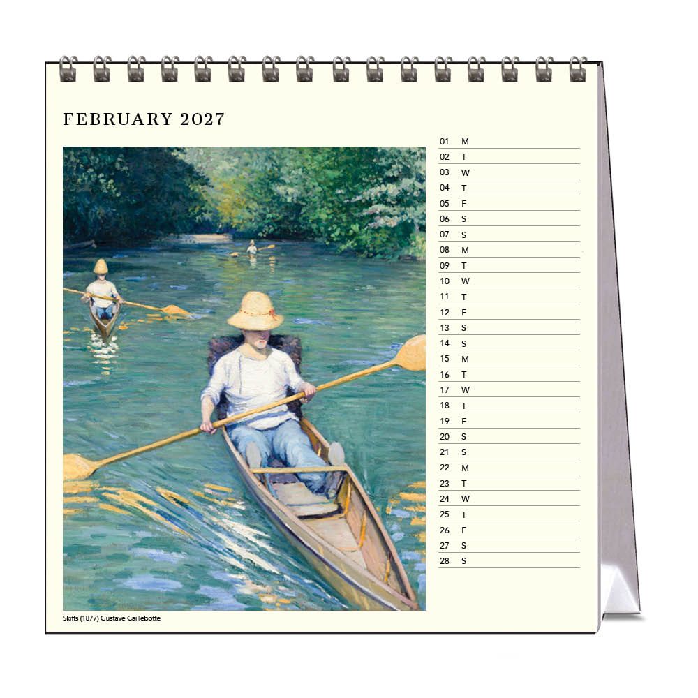 Calendar for February 2027 featuring a painting of people canoeing on a river.