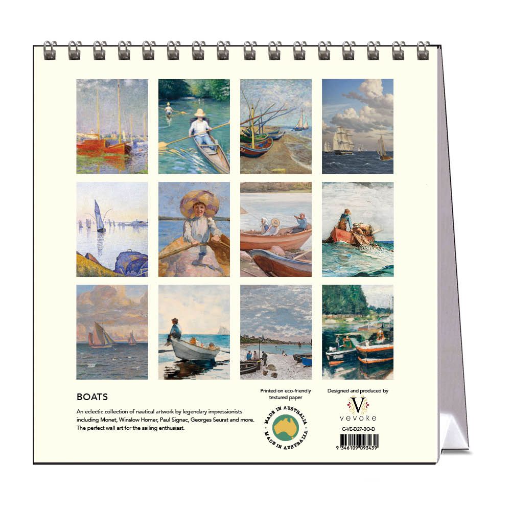 Calendar with illustrations of boats and people on a white background