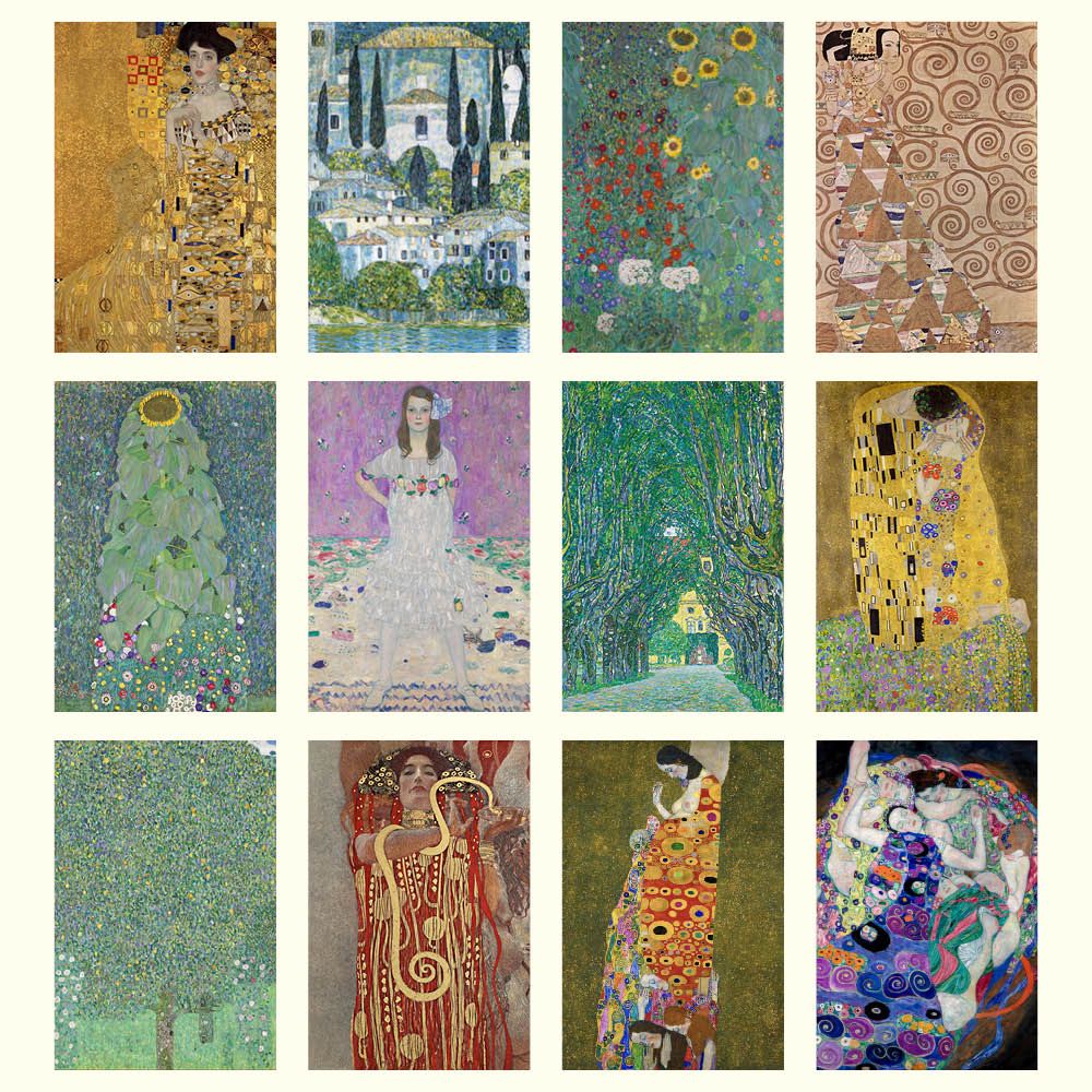 Grid of Gustav Klimt artworks including 'Portrait of Adele Bloch-Bauer I', 'The Kiss', 'Stoclet Frieze', and others.