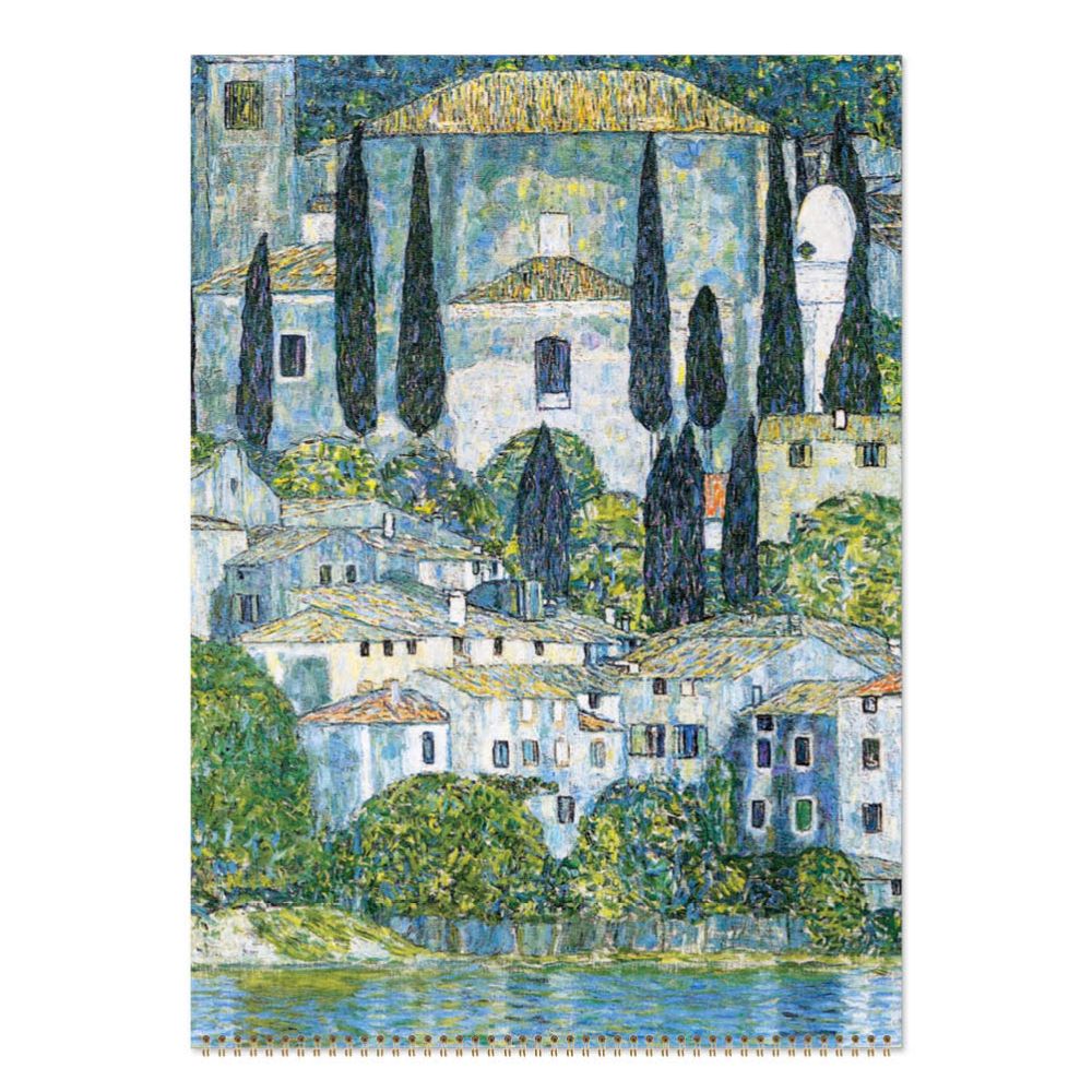 Artistic depiction of a coastal town with buildings, trees, and water.
