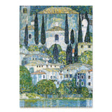 Artistic depiction of a coastal town with buildings, trees, and water.