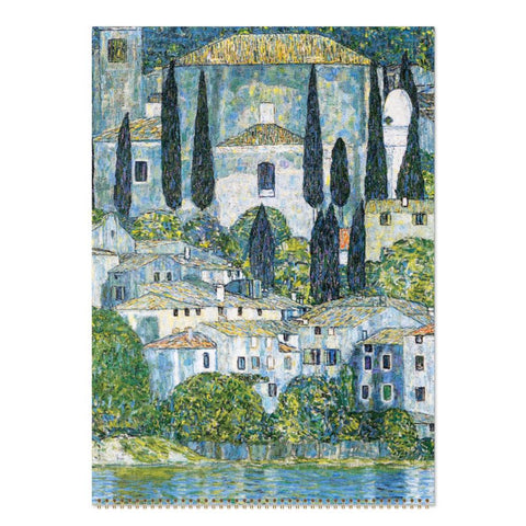 Artistic depiction of a coastal town with buildings, trees, and water.