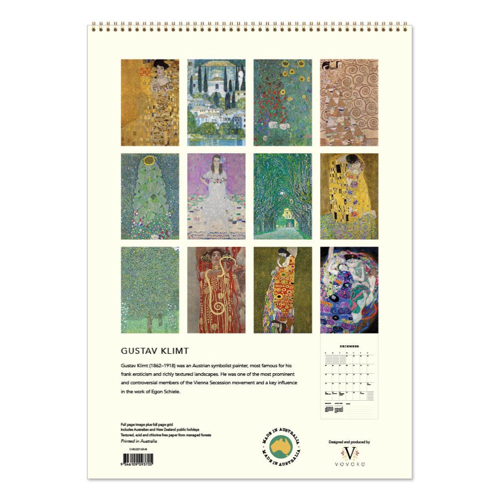 Gustav Klimt artwork calendar with 12 images on a white background