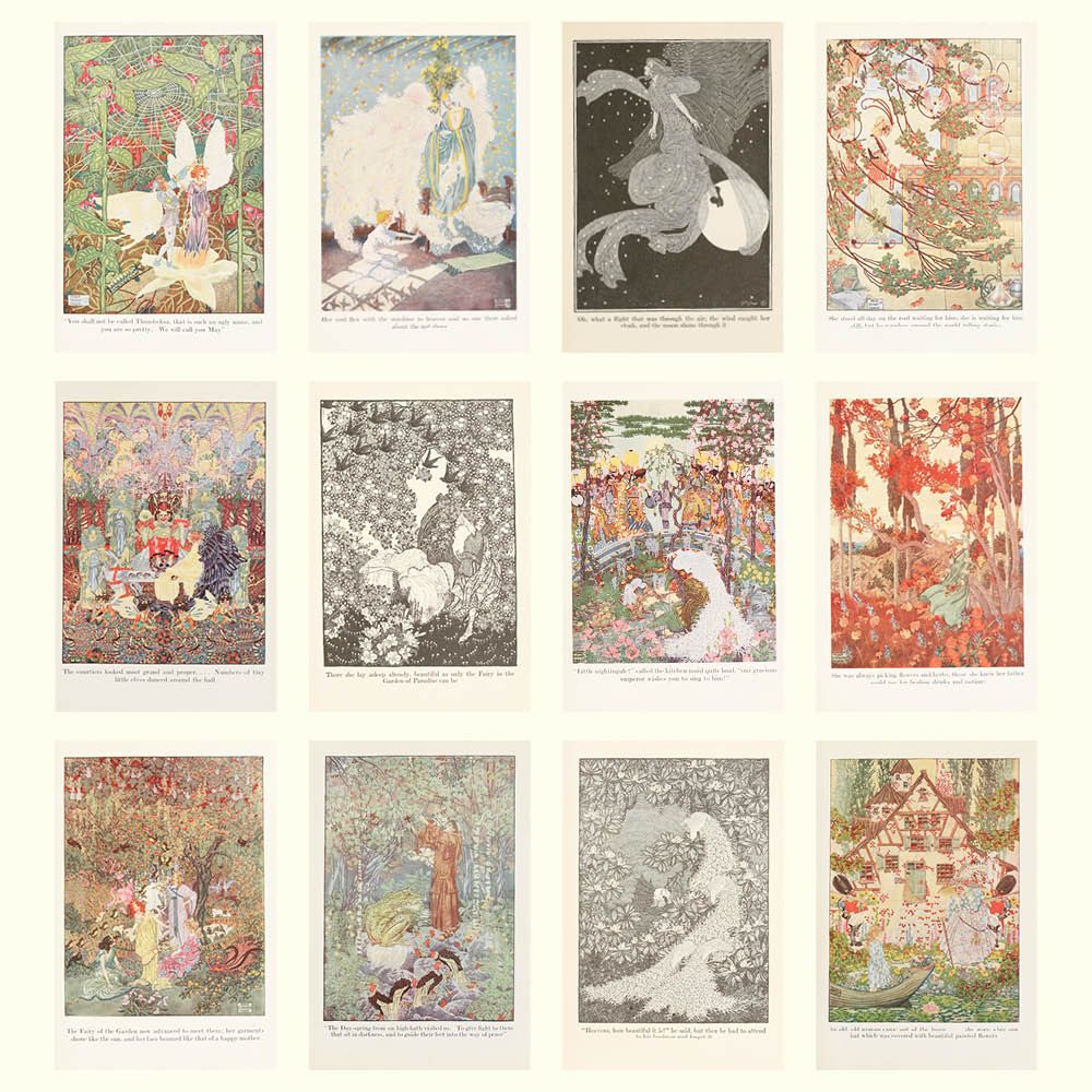 Collection of illustrated fairy tale scenes on a white background