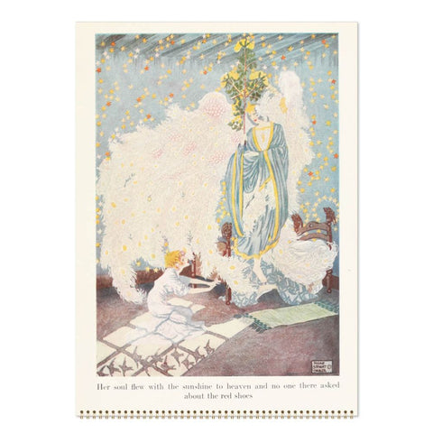 Illustration of a woman in a long dress with a child, surrounded by flowers and text on a white background.