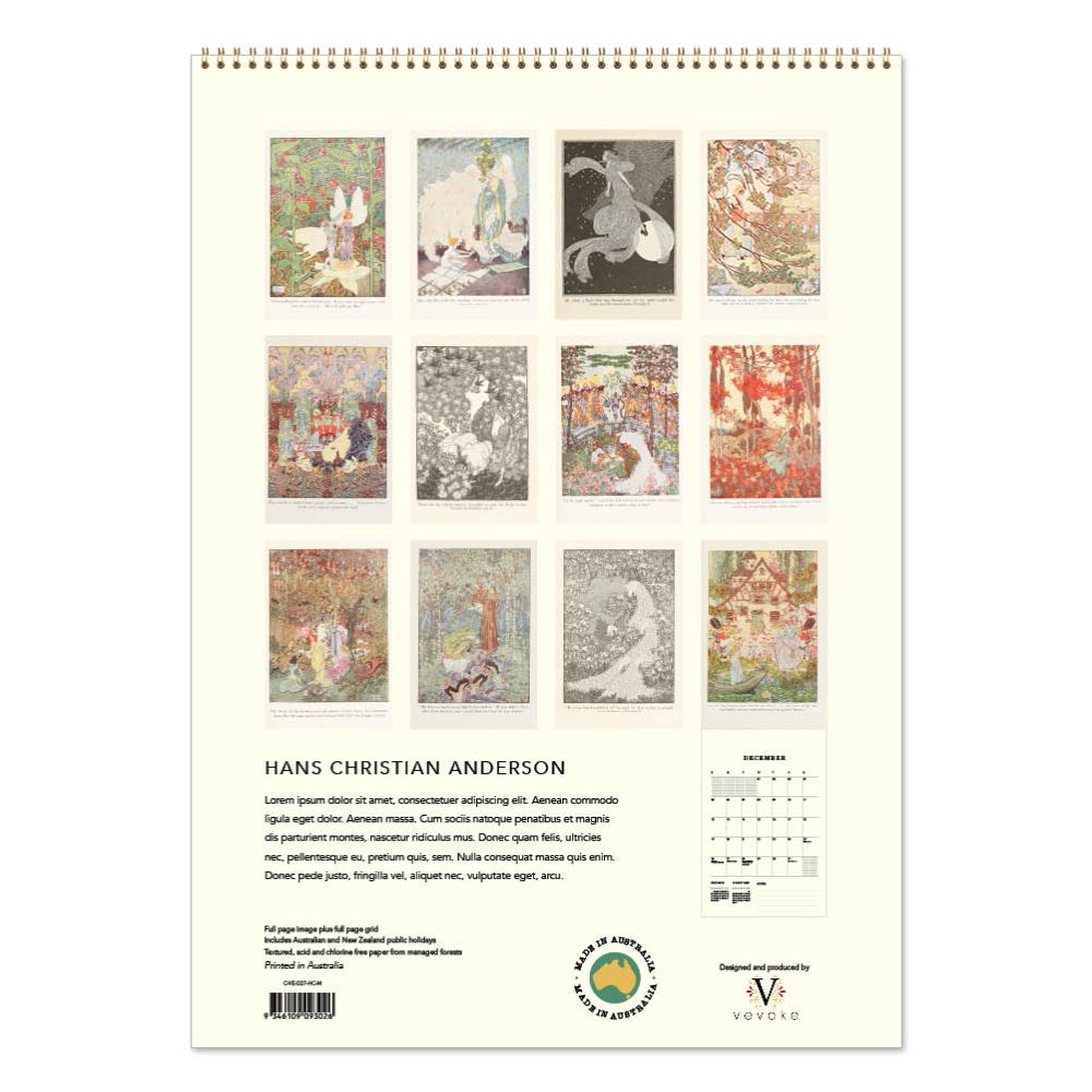 Calendar with illustrations by Hans Christian Andersen on a white background