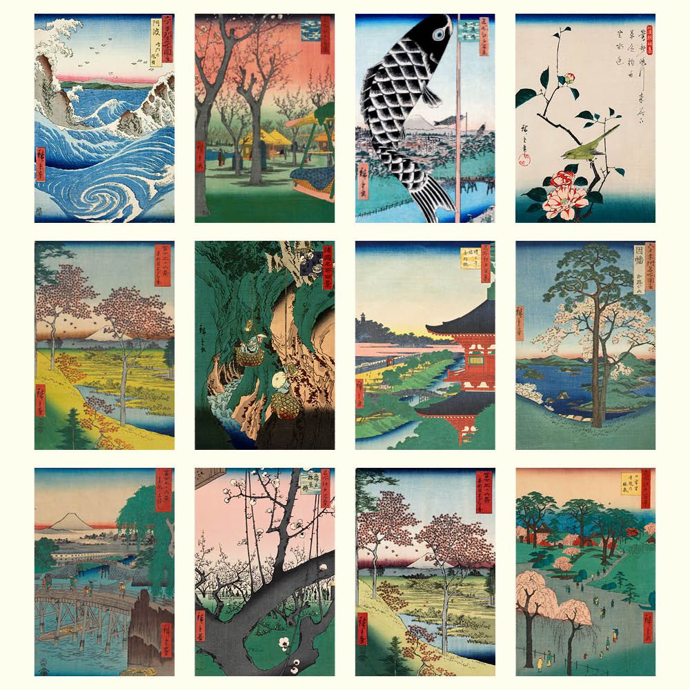 Collage of various Japanese woodblock prints featuring landscapes, nature, and traditional scenes.