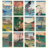 Collage of various Japanese woodblock prints featuring landscapes, nature, and traditional scenes.
