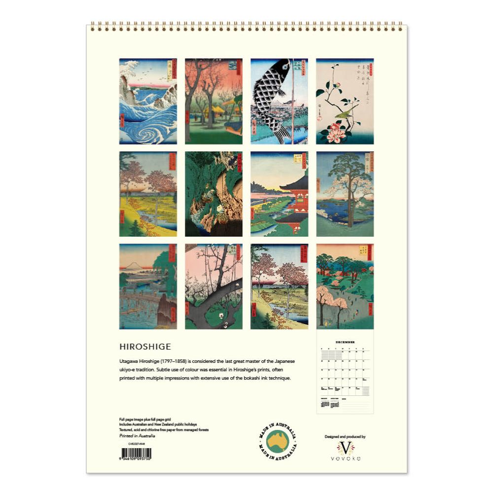 Wall calendar with Hiroshige artwork on a white background