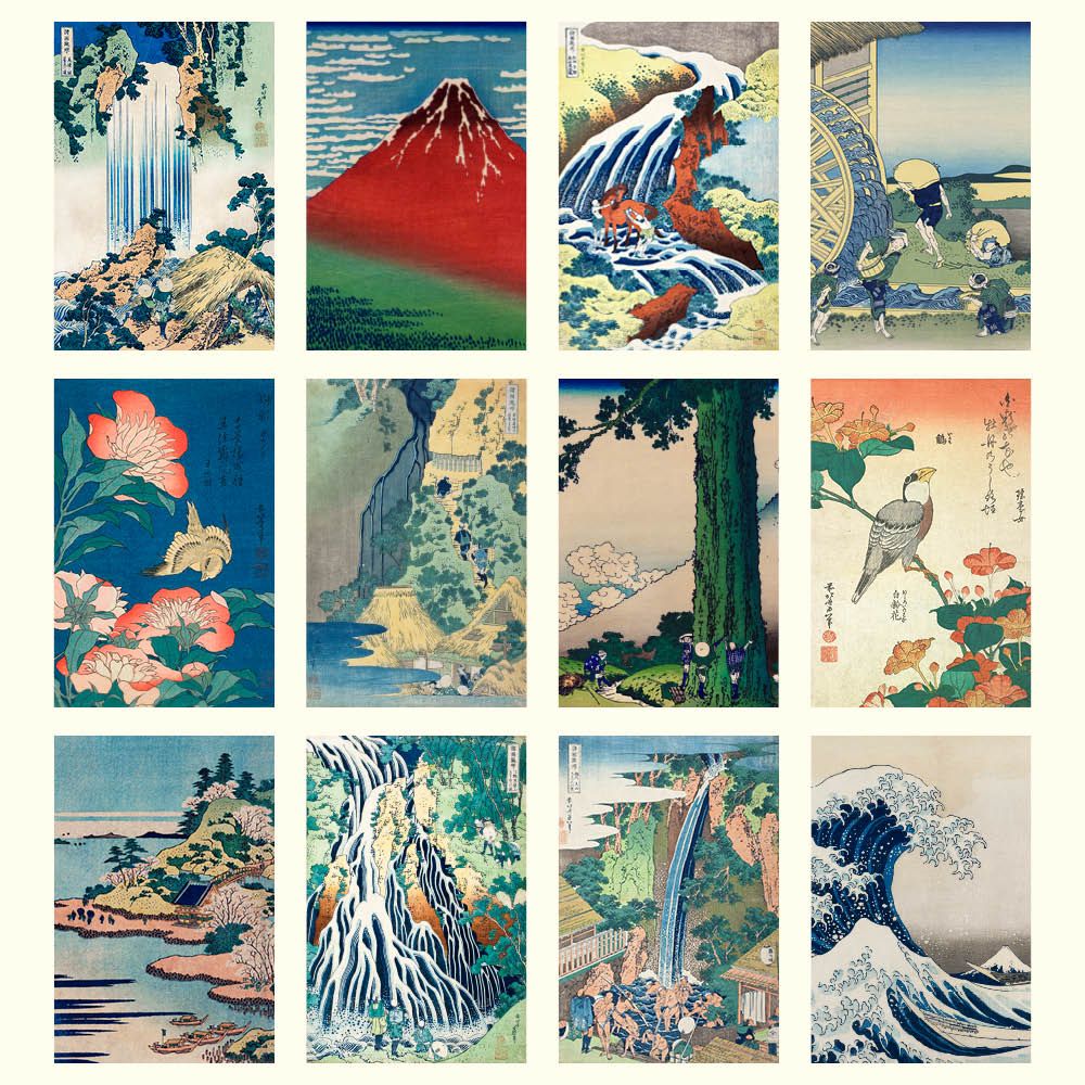 Collage of various Japanese woodblock prints featuring landscapes, nature, and traditional scenes.