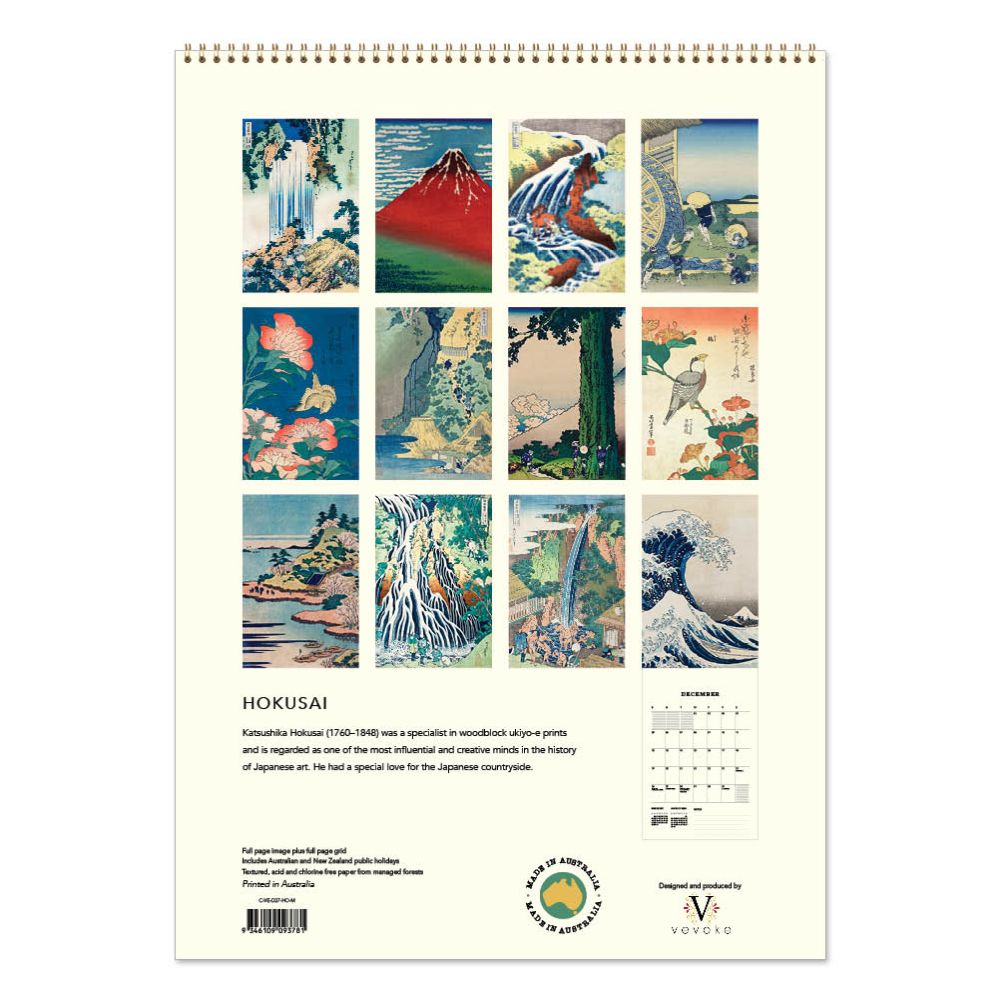 Wall calendar with Katsushika Hokusai artworks on a white background
