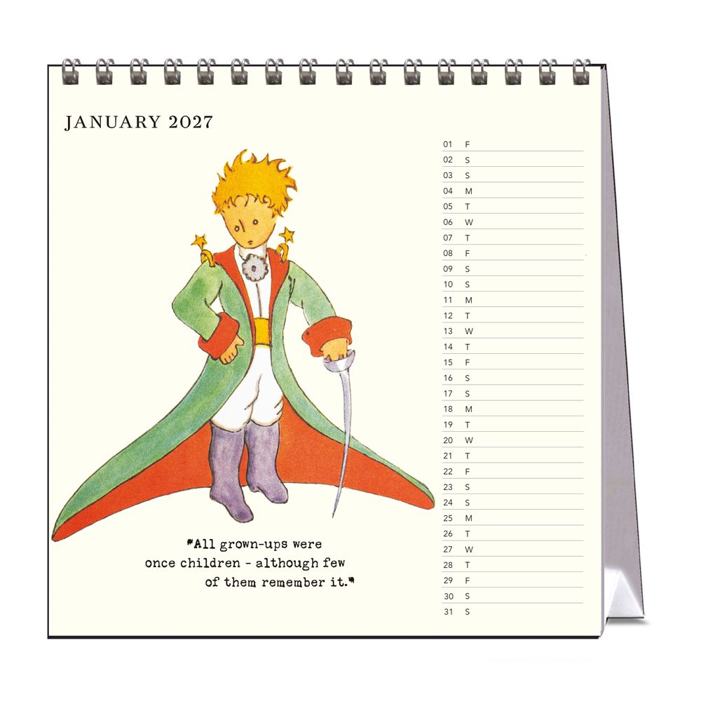 Calendar page for January 2027 featuring a character from 'The Little Prince' with text.