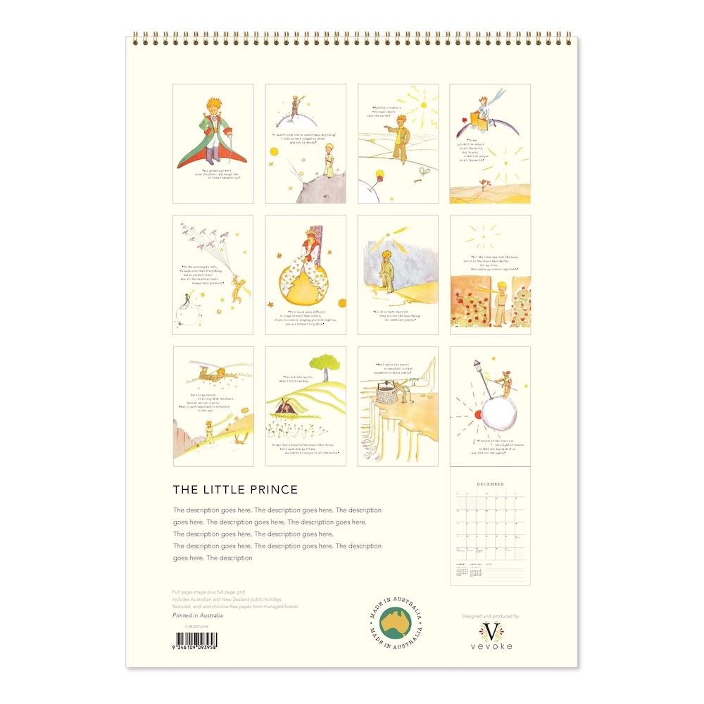 Illustrated calendar with 'The Little Prince' characters on a white background