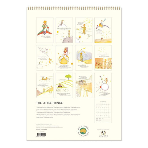 Illustrated calendar with 'The Little Prince' characters on a white background