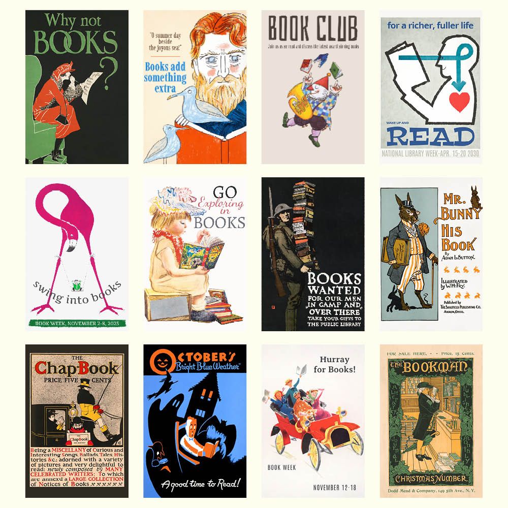 Collection of vintage book posters with various designs and text.