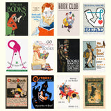 Collection of vintage book posters with various designs and text.