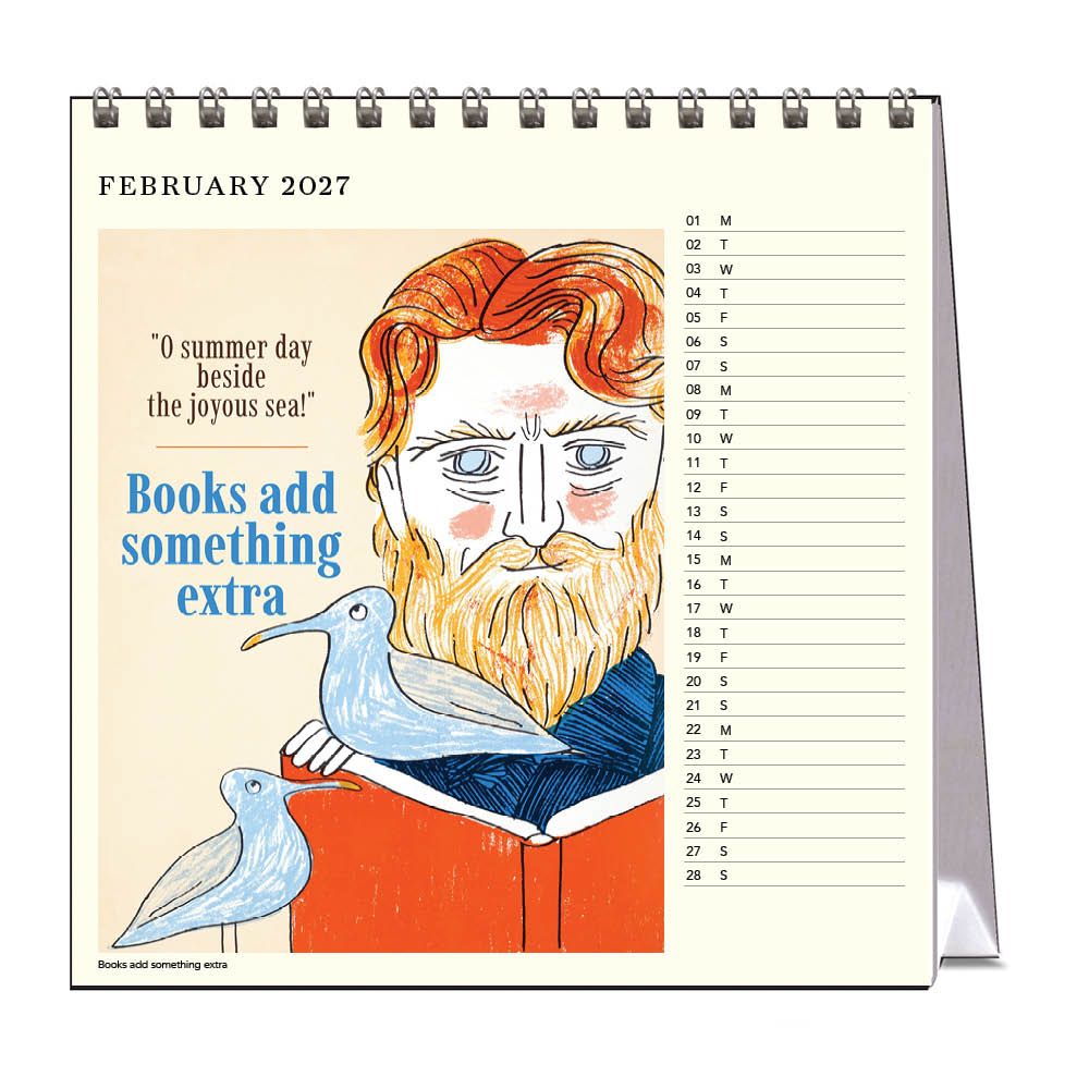 Calendar for February 2027 with a stylized illustration of a man with red hair and beard, holding two birds, and text about books.