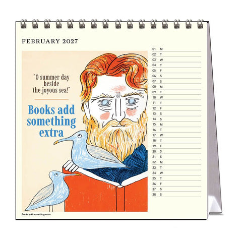 Calendar for February 2027 with a stylized illustration of a man with red hair and beard, holding two birds, and text about books.
