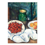 Still life painting with grapes, apples, and a green jar on a tablecloth.