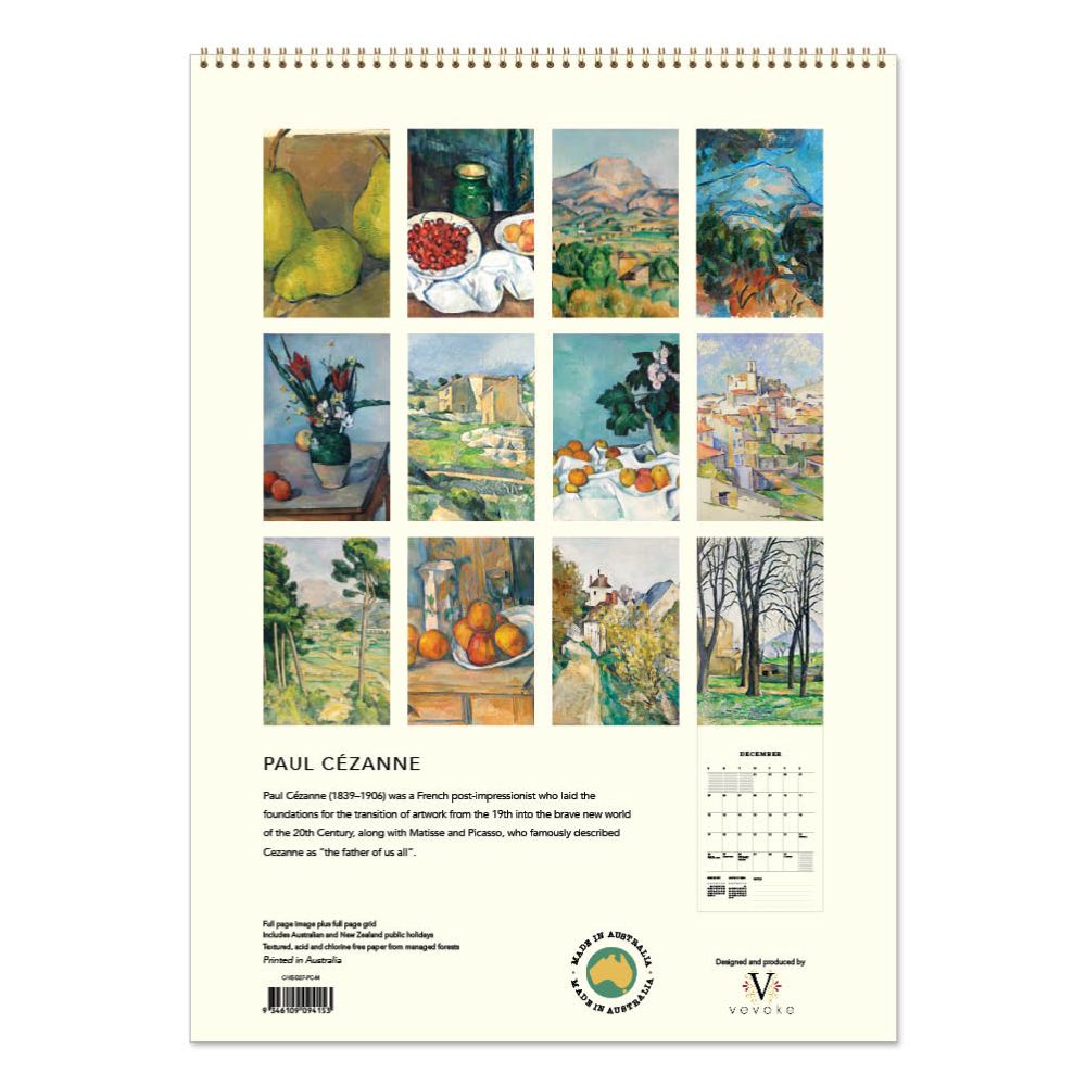 Cezanne-themed wall calendar with various paintings on a white background