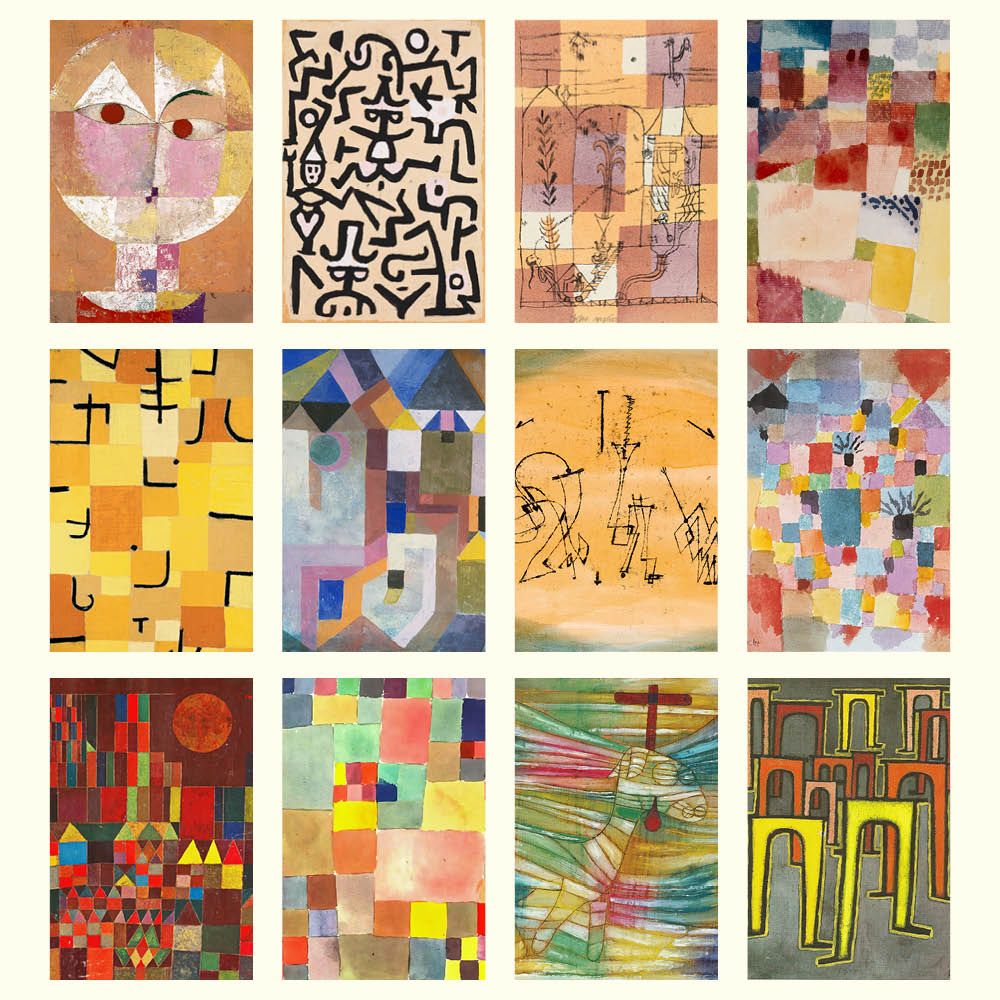 Grid of abstract artworks with various patterns and colors