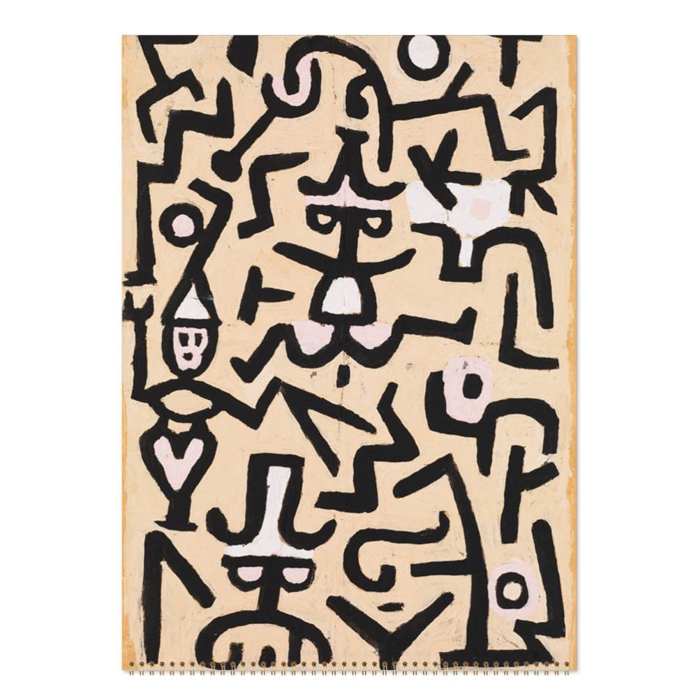 Beige painting with black abstract patterns on a white background