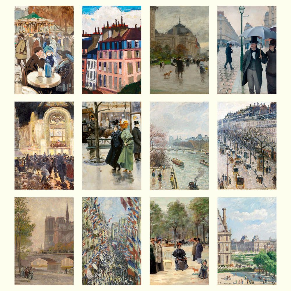 Collage of various paintings by Camille Pissarro depicting urban scenes and landscapes.