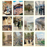 Collage of various paintings by Camille Pissarro depicting urban scenes and landscapes.