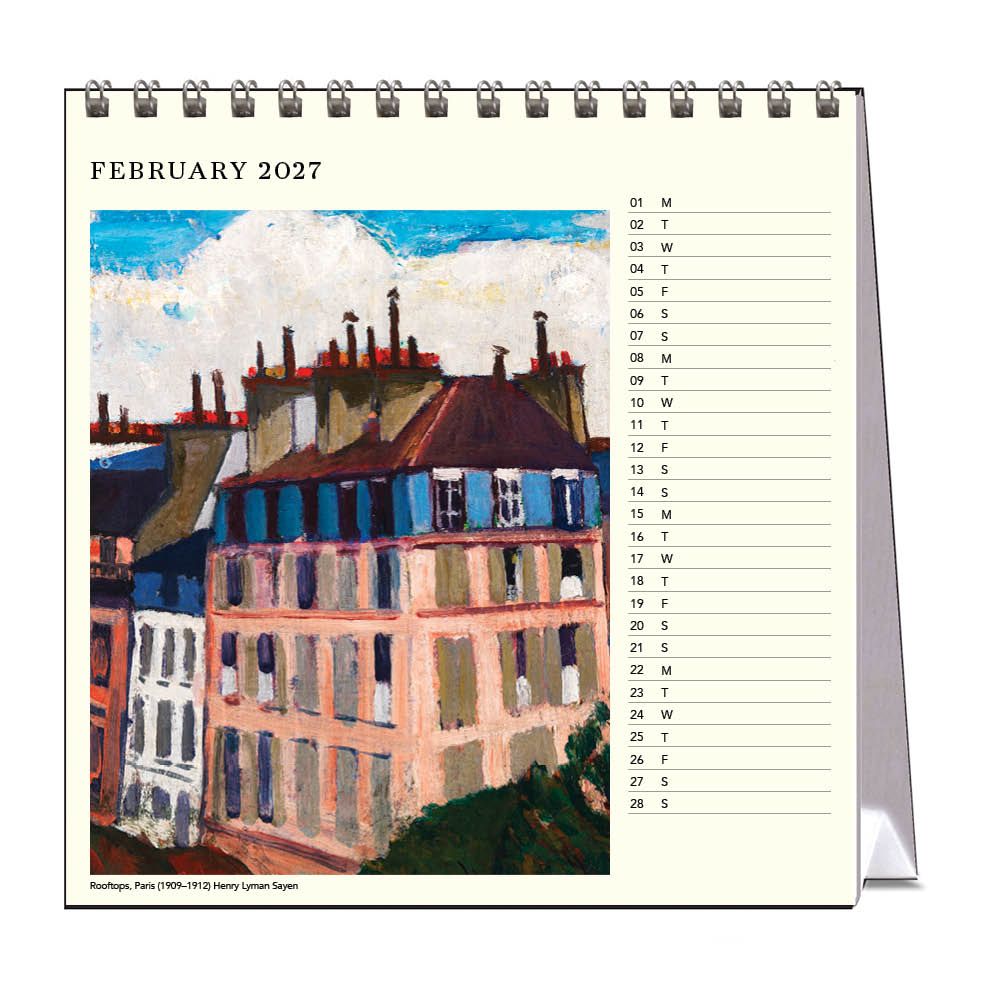 Calendar for February 2027 with a painting of buildings on the left side.
