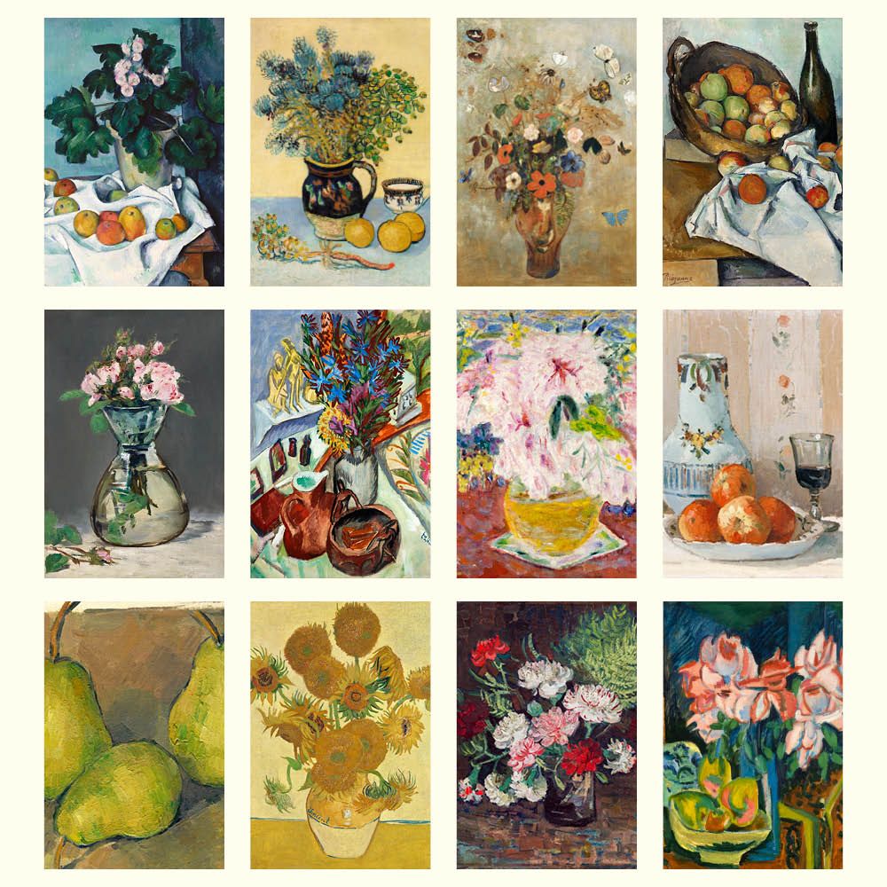 Collage of various still life paintings with flowers and fruits.