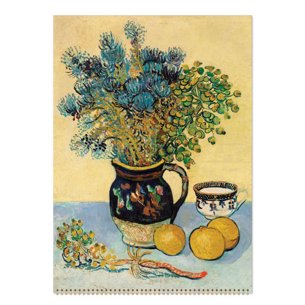 Still life painting with flowers, lemons, and a teacup on a table.