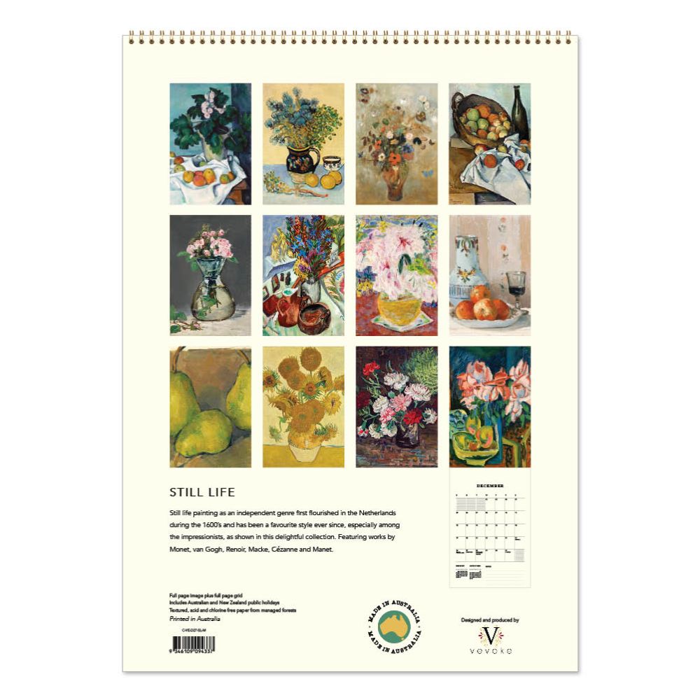 Calendar with still life paintings by various artists on a white background