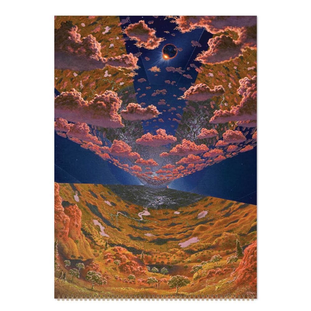 Surreal landscape with a cloud-filled sky and a valley below.