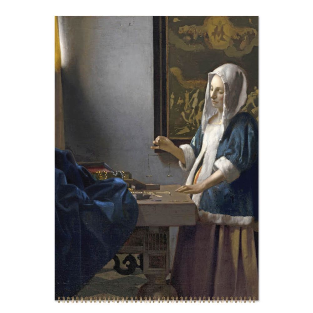 Painting of a woman in a blue dress with a white headscarf, standing by a table.