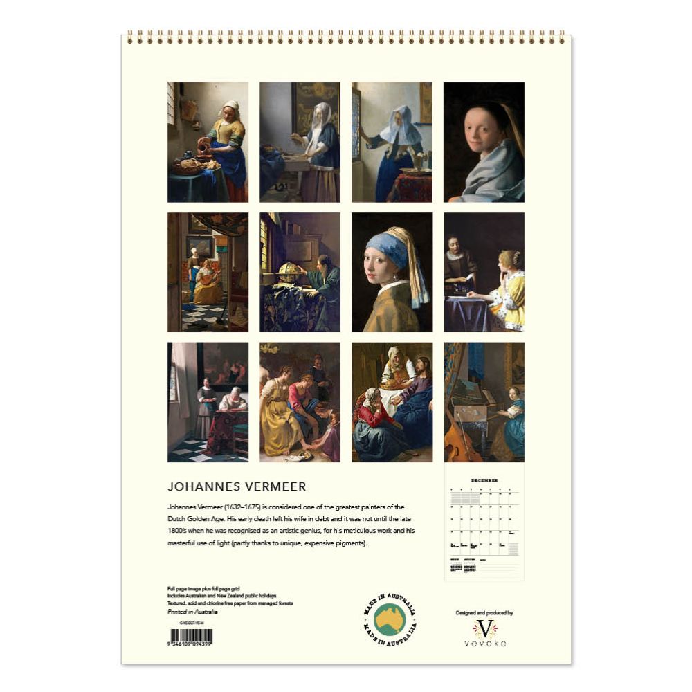 Calendar featuring Johannes Vermeer paintings on a white background