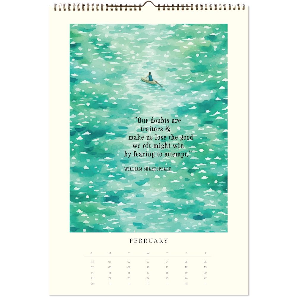 Calendar page with a quote by William Shakespeare on a teal watercolor background