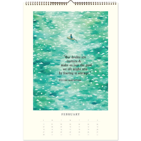 Calendar page with a quote by William Shakespeare on a teal watercolor background