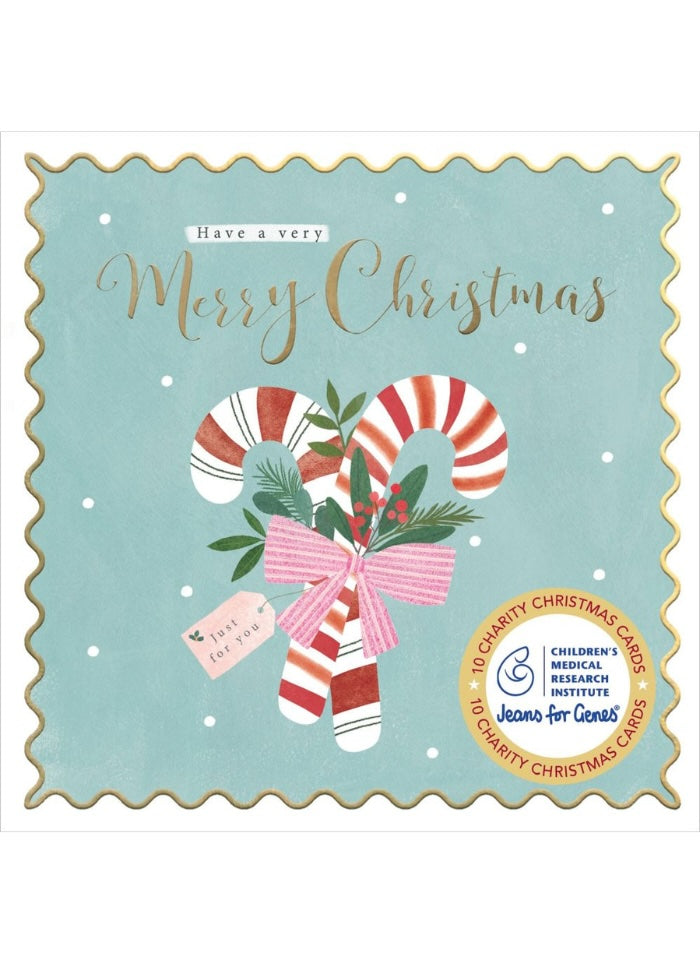 A square Christmas card with scalloped edges on a white background. The card has a light blue background with gold foil-style text reading 'Have a very Merry Christmas,' white snowflakes, and an illustration of two striped candy canes tied with a pink bow, green leaves, and small red berries.