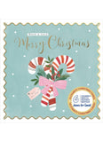 A square Christmas card with scalloped edges on a white background. The card has a light blue background with gold foil-style text reading 'Have a very Merry Christmas,' white snowflakes, and an illustration of two striped candy canes tied with a pink bow, green leaves, and small red berries.