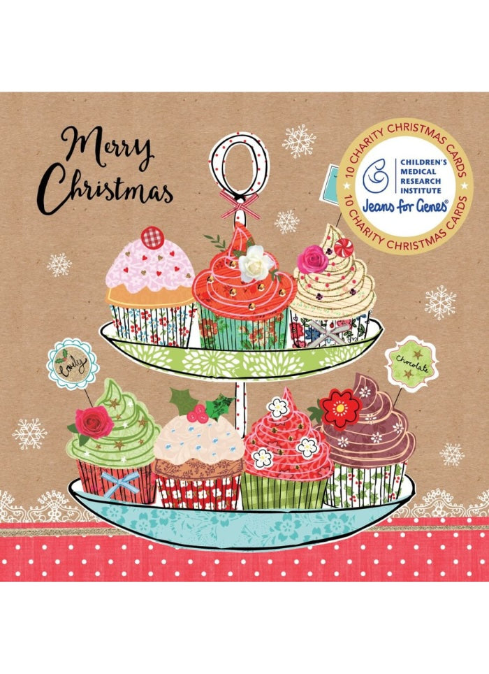 A festive Christmas-themed card or print featuring an illustrated two-tier cupcake stand with colorful cupcakes on a kraft brown background. The text 'Merry Christmas' appears on the left, and circular charity badges on the right mention Jeano for Kids and the Children's Medical Institute.