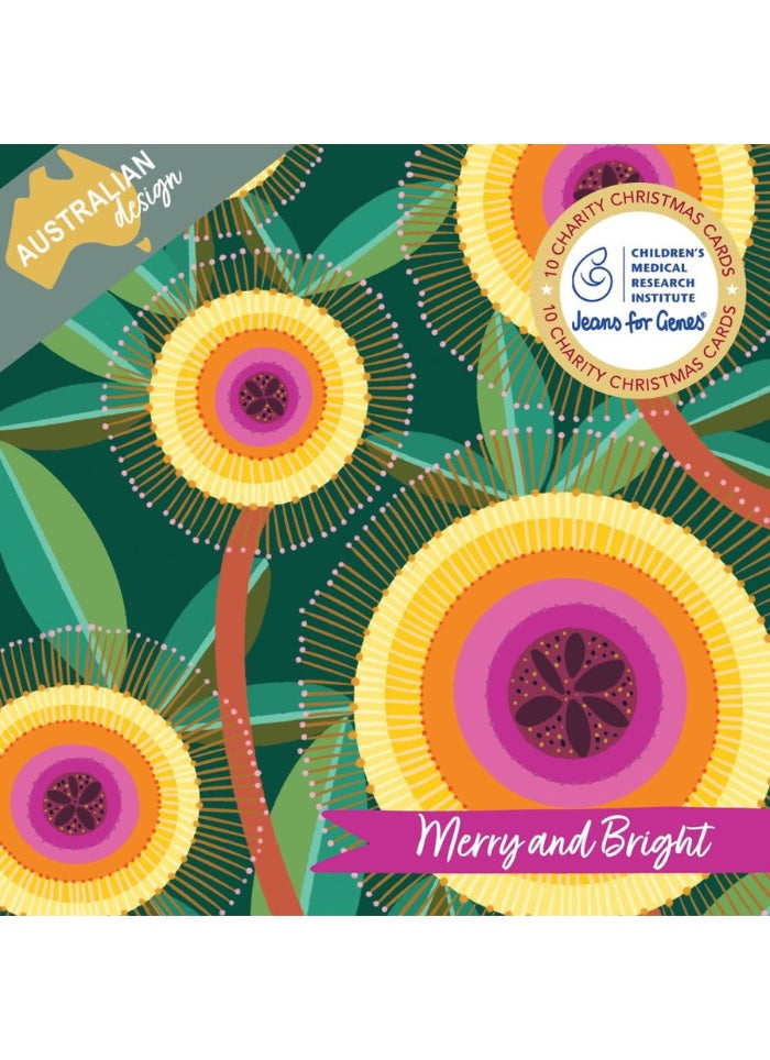 A colorful Christmas card design with layered sunflower-like circles in yellow, orange, pink, and purple over a dark green leafy background. Text includes 'AUSTRALIAN design', 'Merry and Bright', and a circular badge reading 'Children's Medical Research Institute' and 'Jesuo for Kids'.