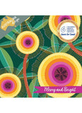 A colorful Christmas card design with layered sunflower-like circles in yellow, orange, pink, and purple over a dark green leafy background. Text includes 'AUSTRALIAN design', 'Merry and Bright', and a circular badge reading 'Children's Medical Research Institute' and 'Jesuo for Kids'.