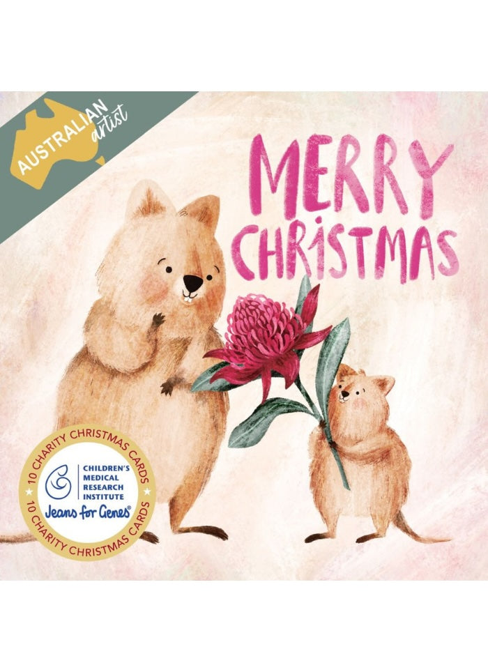Front cover of a Christmas card deck titled 'Merry Christmas' featuring watercolor illustrations of two kangaroo rats holding a pink flower, with an Australian Artist badge and Jeanie for Good logo.