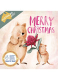 Front cover of a Christmas card deck titled 'Merry Christmas' featuring watercolor illustrations of two kangaroo rats holding a pink flower, with an Australian Artist badge and Jeanie for Good logo.