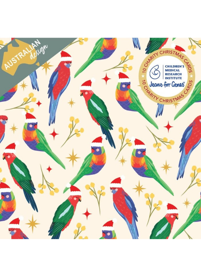 A repeating Christmas pattern featuring colorful parrots wearing Santa hats, yellow stars, and eucalyptus branches on a cream background. A dark green corner label says 'AUSTRALIAN design,' and a circular badge reads '10 Charity Christmas Cards' with the Children's Medical Institute logo.