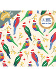 A repeating Christmas pattern featuring colorful parrots wearing Santa hats, yellow stars, and eucalyptus branches on a cream background. A dark green corner label says 'AUSTRALIAN design,' and a circular badge reads '10 Charity Christmas Cards' with the Children's Medical Institute logo.