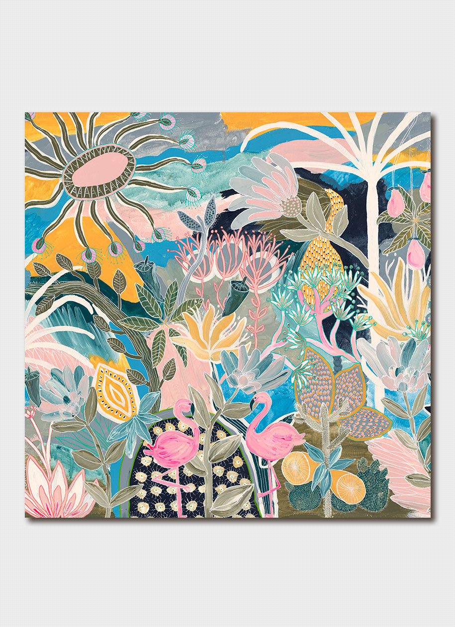 A bright abstract artwork ain pinks and blues.