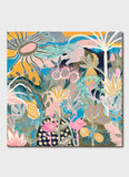A bright abstract artwork ain pinks and blues.